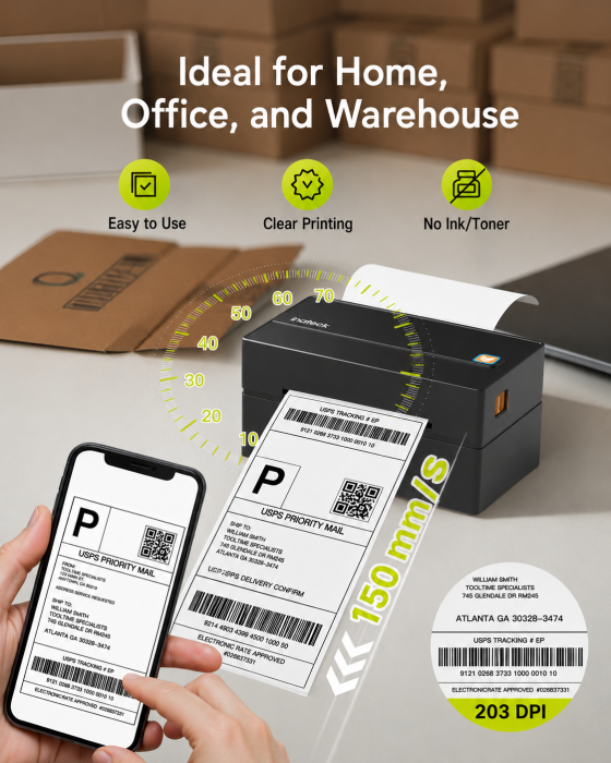 Imprimanta Termica pentru Etichete si AWB-uri 100x150 mm, 4 x 6, Compatibila Etichete Format A6, Portabila, 203 DPI, Fara Cerneala, Toner, Conectare Bluetooth si USB, Compatibila iOS, Android, Windows, MacOS, Negru [4]