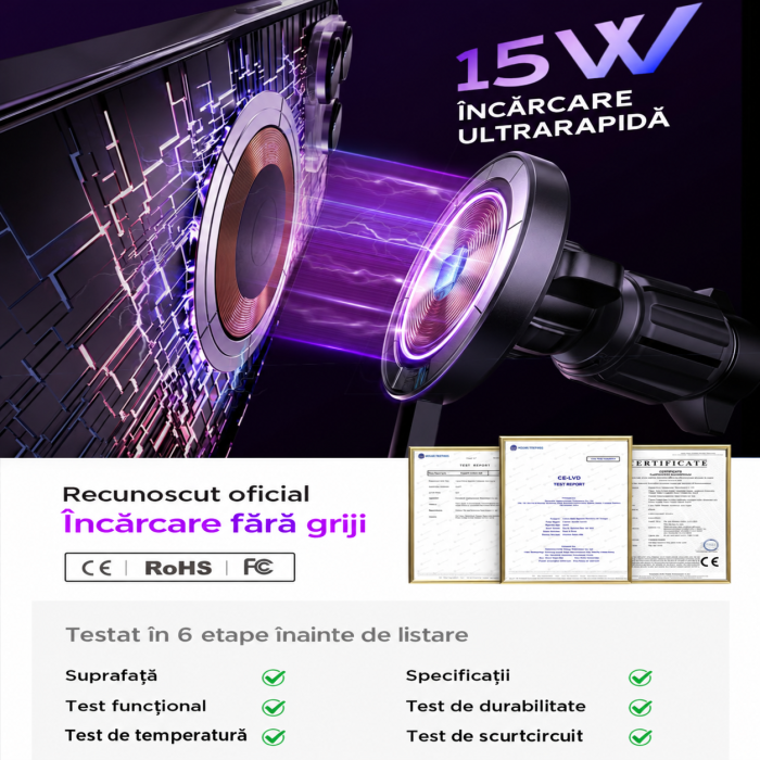 Incarcator auto wireless LISEN® IQ 2 – MagSafe 15W, rotire 360°, negru. [9]