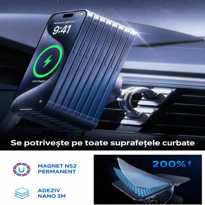 Incarcator auto wireless LISEN® IQ 2 – MagSafe 15W, rotire 360°, negru. [6]