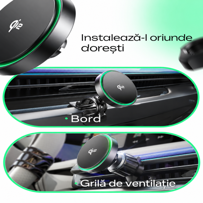 Incarcator auto wireless LISEN® IQ 2 – MagSafe 15W, rotire 360°, negru. [4]