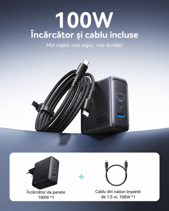 Incarcator retea 100W GaN, 3 Porturi Fast Charge Simultan, pentru telefon sau Laptop MacBook HP Lenovo, Cablu 100W Inclus, Compatibil iPhone 17 16 15, Samsung S25 S24 Ultra, iPad, Pixel, Switch [2]
