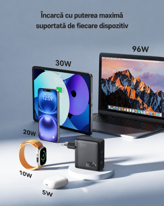 Incarcator retea 100W GaN, 3 Porturi Fast Charge Simultan, pentru telefon sau Laptop MacBook HP Lenovo, Cablu 100W Inclus, Compatibil iPhone 17 16 15, Samsung S25 S24 Ultra, iPad, Pixel, Switch [7]