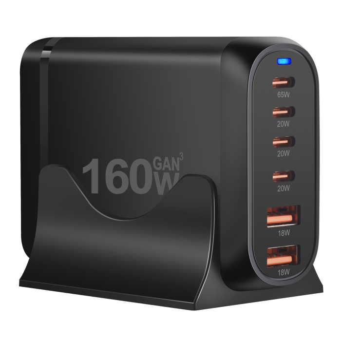 Incarcator retea 160 W GaN3 Fast Charge AdyMel®, statie de incarcare rapida cu 6 porturi, 4 porturi USB-C si 2 porturi USB A, pentru MacBook Pro, Laptop, iPhone, iPad, Samsung, Universal, Negru [10]