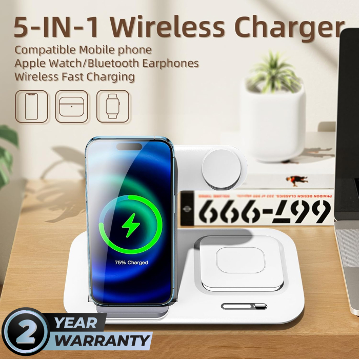Incarcator wireless fast charger AdyMel®, 5 in 1 cu lampa de veghe, Incarcare rapida 15W telefon, casti, smart watch, compatibil cu Airpods, Apple watch si Iphone Android Samsung Huawei Xiaomi, Alb [2]