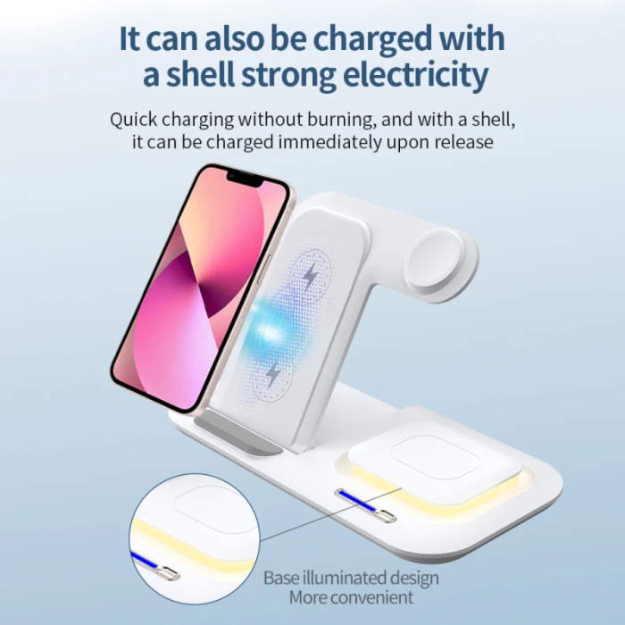 Incarcator wireless fast charger AdyMel®, 5 in 1 cu lampa de veghe, Incarcare rapida 15W telefon, casti, smart watch, compatibil cu Airpods, Apple watch si Iphone Android Samsung Huawei Xiaomi, Alb [4]