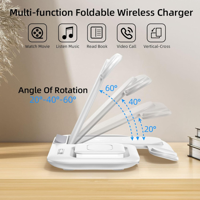 Incarcator wireless fast charger AdyMel®, 5 in 1 cu lampa de veghe, Incarcare rapida 15W telefon, casti, smart watch, compatibil cu Airpods, Apple watch si Iphone Android Samsung Huawei Xiaomi, Alb [6]