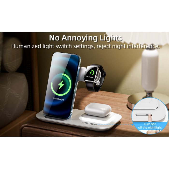 Incarcator wireless fast charger AdyMel®, 5 in 1 cu lampa de veghe, Incarcare rapida 15W telefon, casti, smart watch, compatibil cu Airpods, Apple watch si Iphone Android Samsung Huawei Xiaomi, Alb [5]