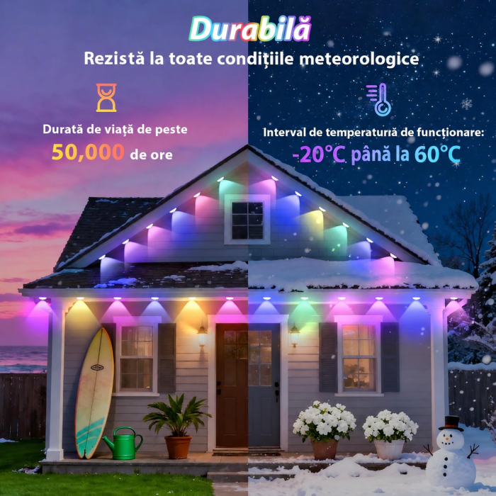 Instalatie LED Inteligenta RGBIC Exterior 15 m, Iluminat Permanent, Control prin Aplicatie si Telecomanda, IP67 pentru exterior [2]
