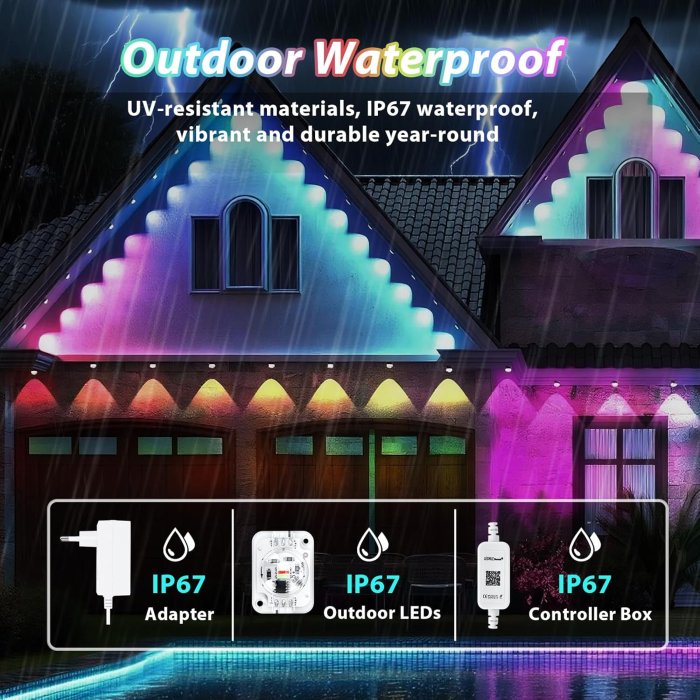 Instalatie LED Inteligenta RGBIC Exterior 15 m, Iluminat Permanent, Control prin Aplicatie si Telecomanda, IP67 pentru exterior [4]