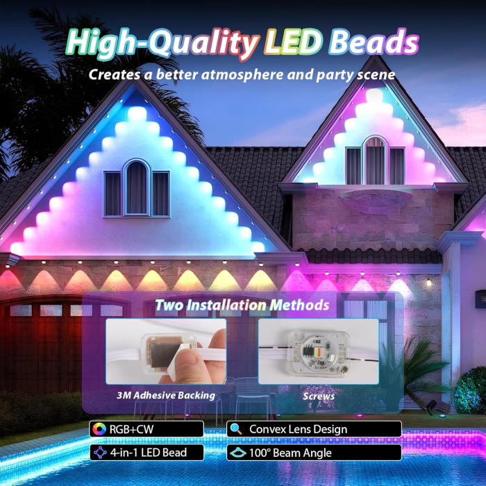 Instalatie LED Inteligenta RGBIC Exterior 30 m, Iluminat Permanent, Control prin Aplicatie si Telecomanda, IP67 [3]