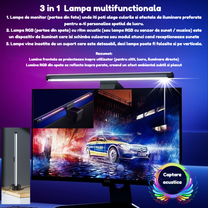 Lampa pentru monitor cu RGB gaming backlight AdyMel®, 2 in 1 din aluminiu 47 cm, LED, detasabila cu suport vertical, reglabila, multicolor, ritm muzical, USB, touch control, intesitate ajustabila, neg [3]