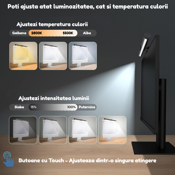 Lampa pentru monitor cu RGB gaming backlight AdyMel®, 2 in 1 din aluminiu 47 cm, LED, detasabila cu suport vertical, reglabila, multicolor, ritm muzical, USB, touch control, intesitate ajustabila, neg [5]
