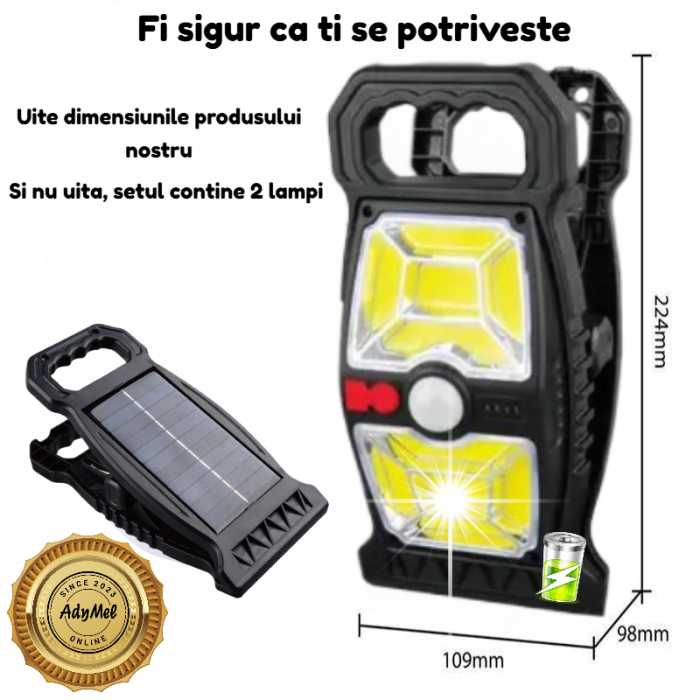 Lampa solara COB LED AdyMel® set 2 buc, cu senzor de miscare, clema, clip de prindere, lampi solare cu iluminare automata, reincarcare solara & USB Type-C, rezistenta la apa IP65, fara gauri, exterior [7]