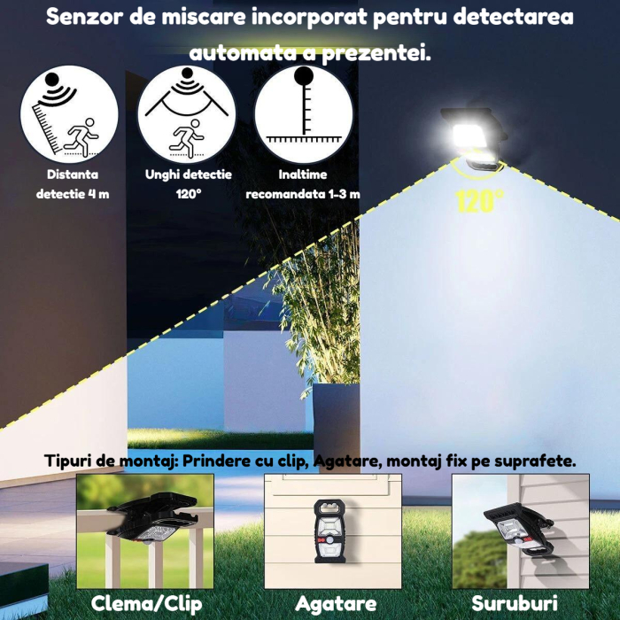 Lampa solara COB LED AdyMel® set 2 buc, cu senzor de miscare, clema, clip de prindere, lampi solare cu iluminare automata, reincarcare solara & USB Type-C, rezistenta la apa IP65, fara gauri, exterior [4]