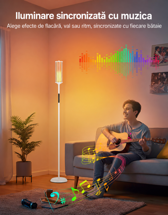 AM296 - Lampadar de podea RGBICW Smart LED , lampa de podea cu control app si telecomanda, 16M culori, 32 moduri, sincronizare muzica, veioza reglabila 2200K-6500K, 1500lm, Alb [8]