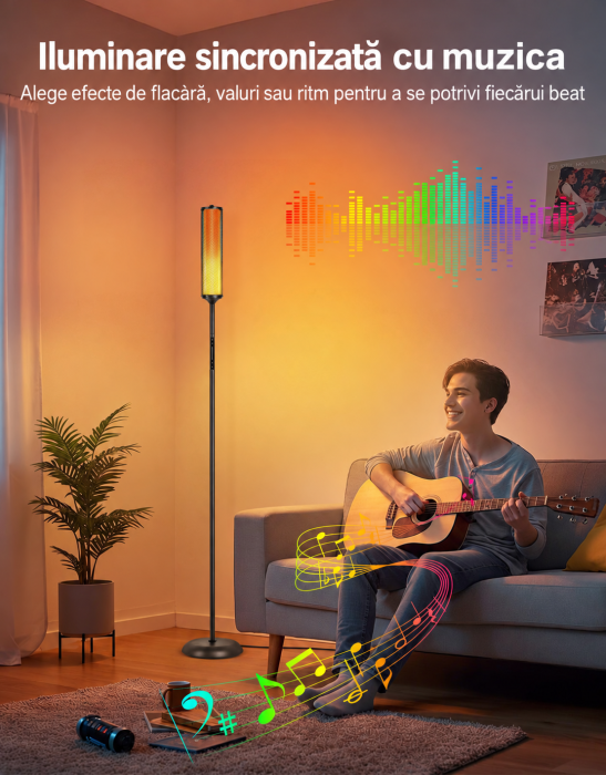 AM295 - Lampadar de podea RGBICW Smart LED , lampa de podea cu control app si telecomanda, 16M culori, 32 moduri, sincronizare muzica, veioza reglabila 2200K-6500K, 1500lm, Negru [8]