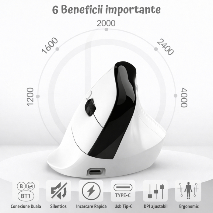 Mouse wireless AdyMel® ergonomic vertical – 2.4GHz + BT 5.0, 4000 DPI, reincarcabil, alb. [3]