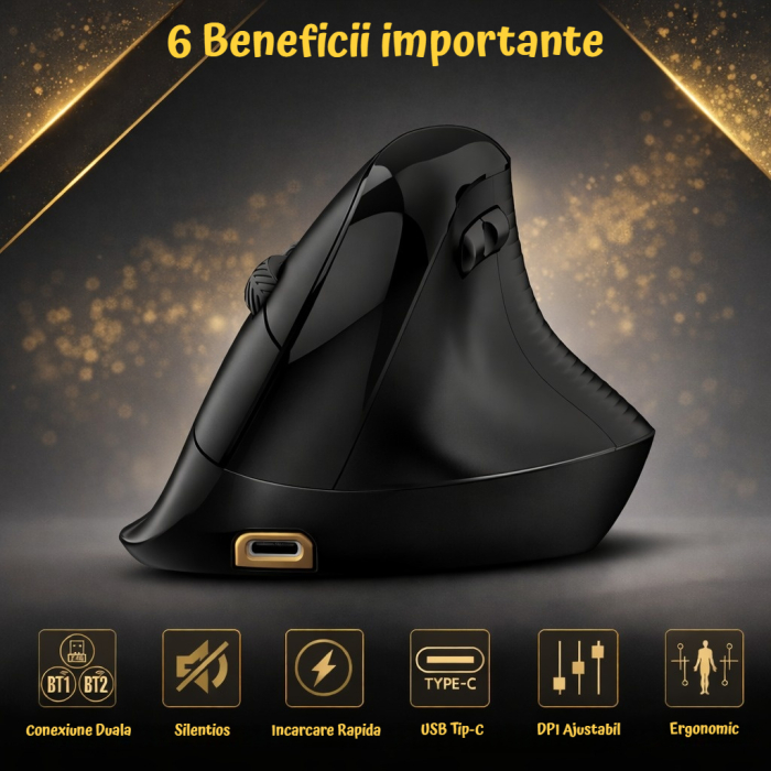 Mouse wireless AdyMel® ergonomic vertical – 2.4GHz + BT 5.0, 4000 DPI, reincarcabil, negru. [2]