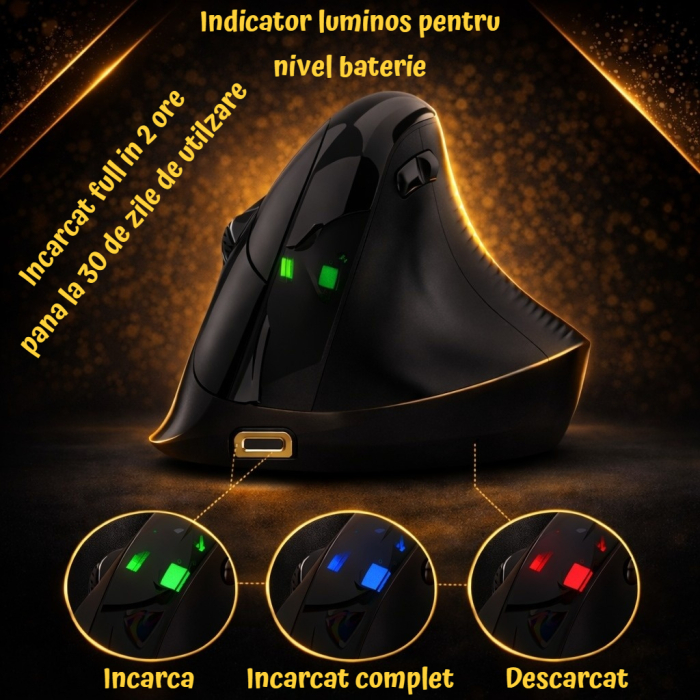 Mouse wireless AdyMel® ergonomic vertical – 2.4GHz + BT 5.0, 4000 DPI, reincarcabil, negru. [5]