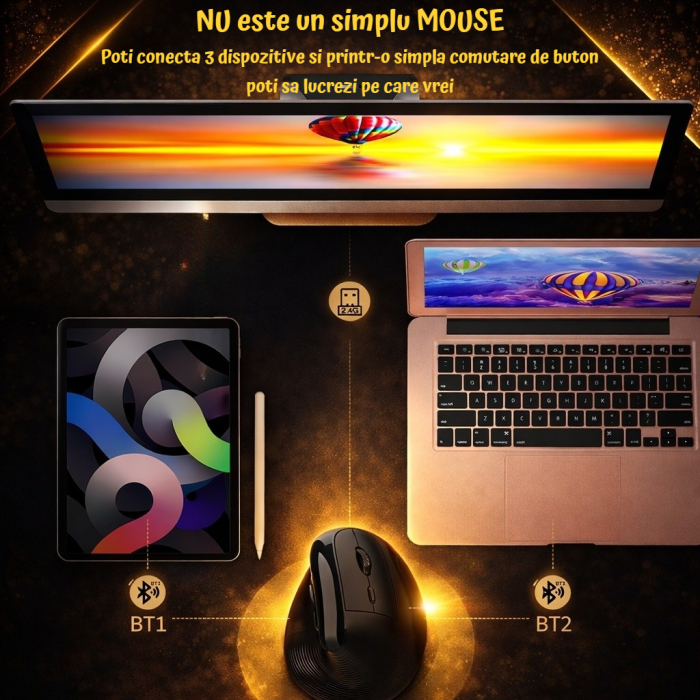 Mouse wireless AdyMel® ergonomic vertical – 2.4GHz + BT 5.0, 4000 DPI, reincarcabil, negru. [4]