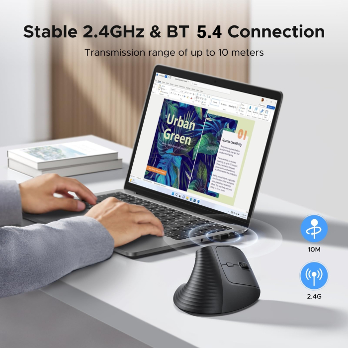 Mouse wireless UGREEN® design ergonomic vertical, M571P, 6 Butoane, 2.4GHz + BT 5.4, 1000/1600/2000/4000 dpi, compatibil cu Pc/Laptop/Tableta/Telefon Mobil, Negru [2]