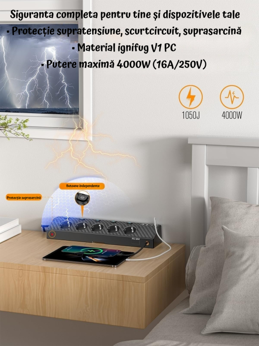 AM328 - Prelungitor pentru blat, birou, cu clema, PD 30W fast charge, 220V-250V 4000W/16A 5 prize, 3 USB-C, 2 USB-A, cablu 3m, protectie supratensiune, rotire 180° multifunctional, bucatarie, Negru [4]