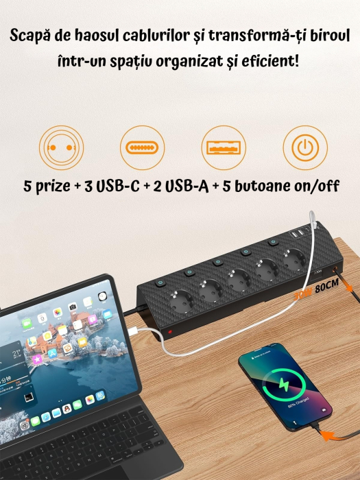 AM328 - Prelungitor pentru blat, birou, cu clema, PD 30W fast charge, 220V-250V 4000W/16A 5 prize, 3 USB-C, 2 USB-A, cablu 3m, protectie supratensiune, rotire 180° multifunctional, bucatarie, Negru [3]