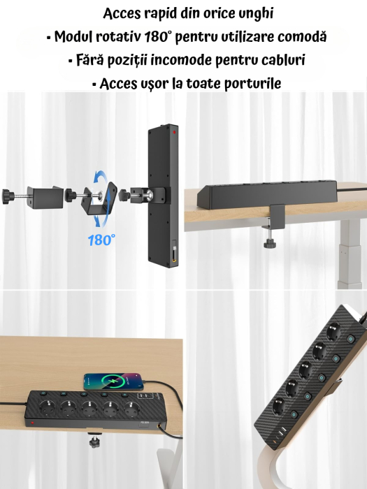 AM328 - Prelungitor pentru blat, birou, cu clema, PD 30W fast charge, 220V-250V 4000W/16A 5 prize, 3 USB-C, 2 USB-A, cablu 3m, protectie supratensiune, rotire 180° multifunctional, bucatarie, Negru [7]