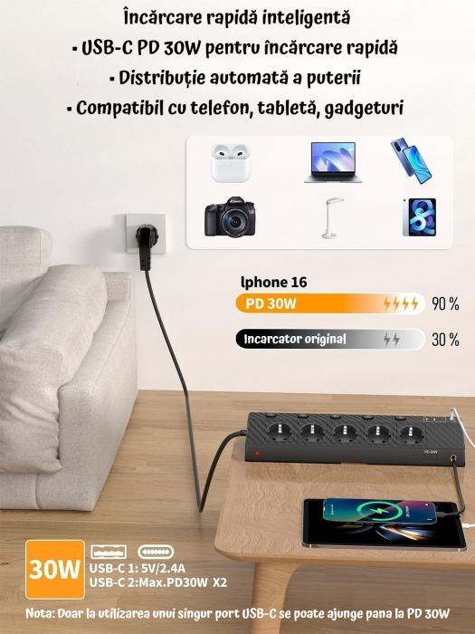 AM328 - Prelungitor pentru blat, birou, cu clema, PD 30W fast charge, 220V-250V 4000W/16A 5 prize, 3 USB-C, 2 USB-A, cablu 3m, protectie supratensiune, rotire 180° multifunctional, bucatarie, Negru [5]