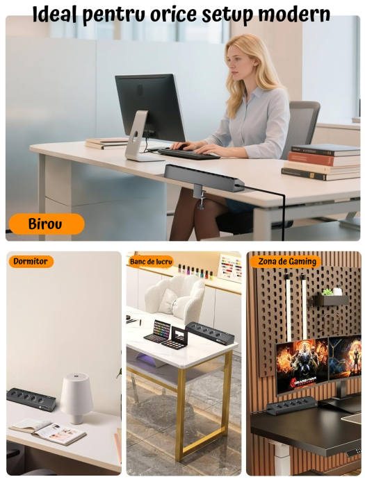 AM328 - Prelungitor pentru blat, birou, cu clema, PD 30W fast charge, 220V-250V 4000W/16A 5 prize, 3 USB-C, 2 USB-A, cablu 3m, protectie supratensiune, rotire 180° multifunctional, bucatarie, Negru [8]