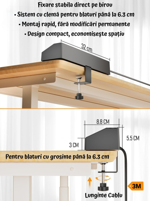 AM328 - Prelungitor pentru blat, birou, cu clema, PD 30W fast charge, 220V-250V 4000W/16A 5 prize, 3 USB-C, 2 USB-A, cablu 3m, protectie supratensiune, rotire 180° multifunctional, bucatarie, Negru [6]