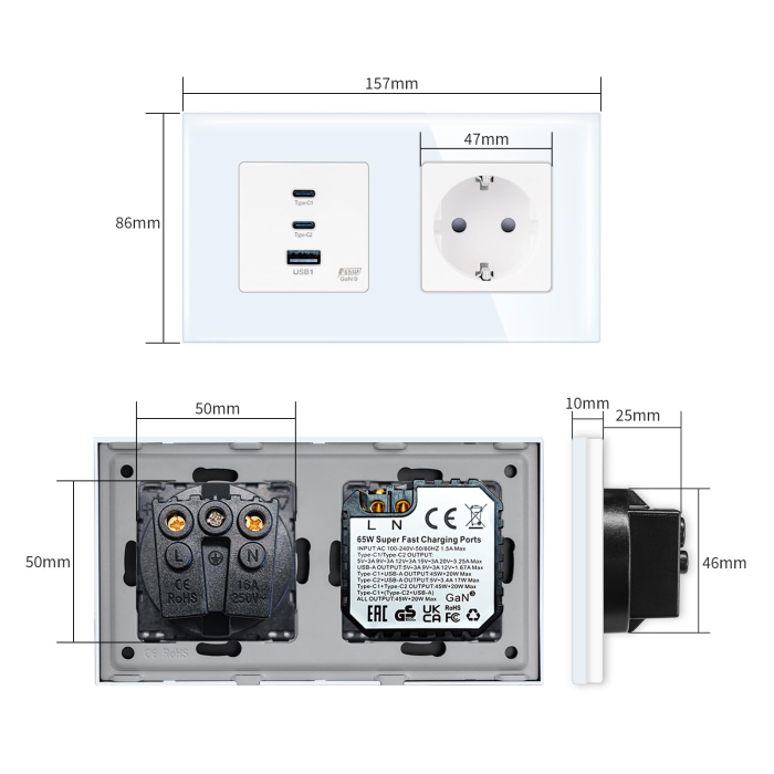 Priza Duala cu Incarcare Rapida 65W GaN, 2x USB-C + USB-A, Schuko 16A, Rama Sticla, Alb, Fast Charge Laptop si Telefon [2]