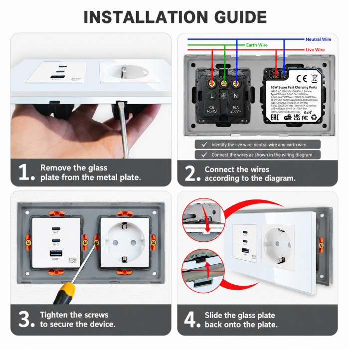 Priza Duala cu Incarcare Rapida 65W GaN, 2x USB-C + USB-A, Schuko 16A, Rama Sticla, Alb, Fast Charge Laptop si Telefon [8]
