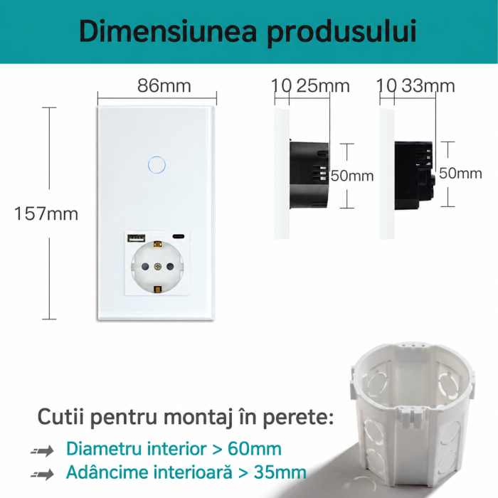 AM293 - Priza inteligenta Schuko cu intrerupator touch WiFi BSEED, USB si Type-C, control aplicatie Smart Tuya, compatibil Alexa Google Home, panou sticla, alb [8]