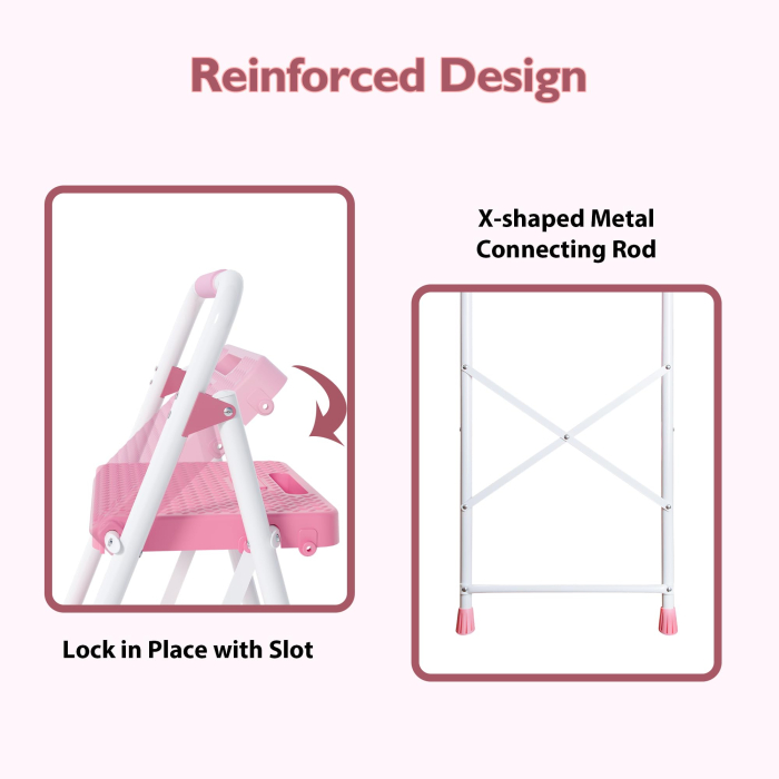 Scară pliabilă Bontec® cu 3 trepte, trepte late antiderapante, maner buretat, capacitate 272 kg, otel rezistent, roz. [2]