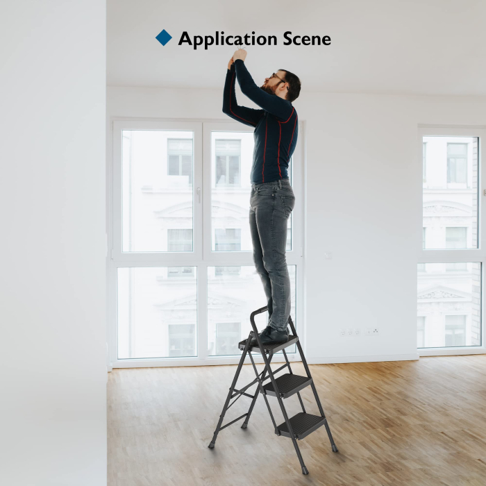 Scară pliabilă Bontec® cu 3 trepte, trepte late antiderapante, mâner buretat, capacitate 272 kg, otel rezistent, negru. [2]