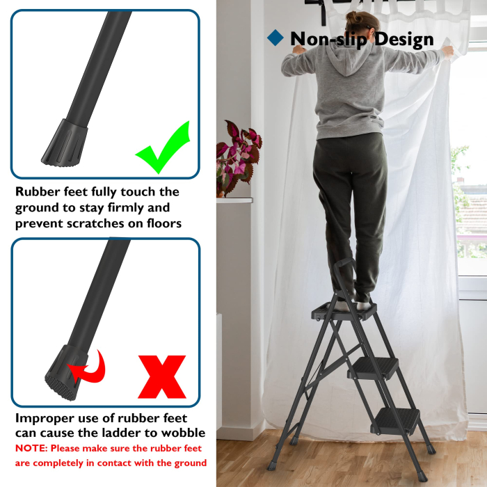 Scară pliabilă Bontec® cu 3 trepte, trepte late antiderapante, mâner buretat, capacitate 272 kg, otel rezistent, negru. [6]