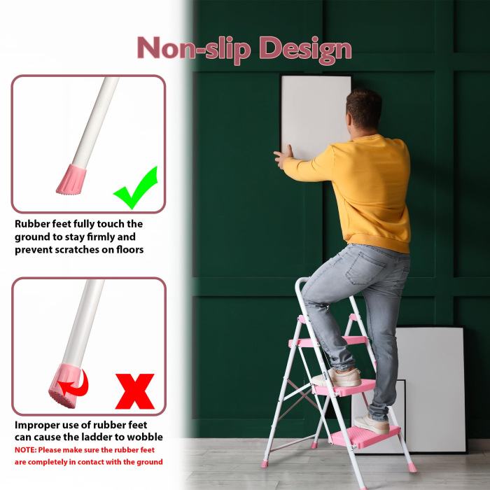 Scară pliabilă Bontec® cu 3 trepte, trepte late antiderapante, maner buretat, capacitate 272 kg, otel rezistent, roz. [3]