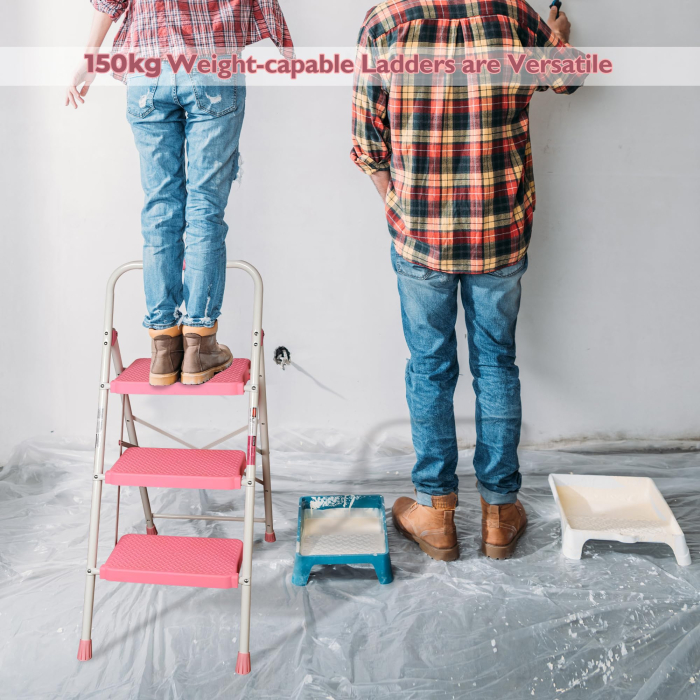 Scară pliabilă Bontec® cu 3 trepte, trepte late antiderapante, maner buretat, capacitate 272 kg, otel rezistent, roz. [7]