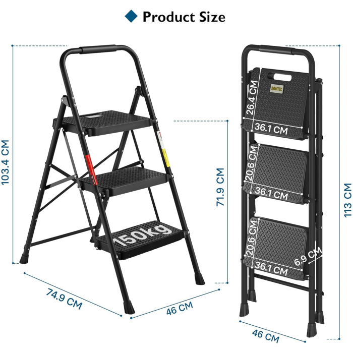 Scară pliabilă Bontec® cu 3 trepte, trepte late antiderapante, mâner buretat, capacitate 272 kg, otel rezistent, negru. [3]