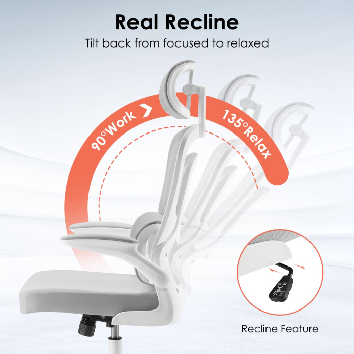 Scaun ergonomic pentru birou și calculator, reglabil pe înălțime, cu tetieră și suport lombar, brațe rabatabile 90°, rotire 360°, roți silențioase, tapițerie respirabilă, gri/alb. [3]