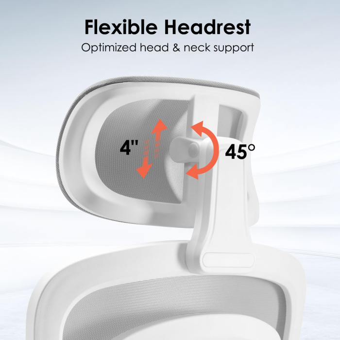 Scaun ergonomic pentru birou și calculator, reglabil pe înălțime, cu tetieră și suport lombar, brațe rabatabile 90°, rotire 360°, roți silențioase, tapițerie respirabilă, gri/alb. [4]