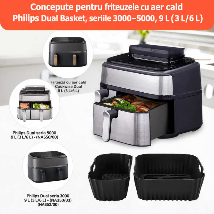 Set Accesorii Air Fryer 22 Piese, 3L + 6L, Silicon + Inox, Compatibil Philips Dual Basket 3000/5000, Ninja, Cosori, 9L [2]