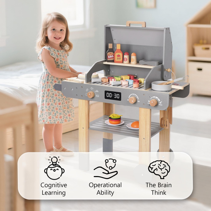Set de joaca gratar din lemn pentru copii – jucarie BBQ realista cu accesorii si alimente – de la 3 ani – perfect pentru jocuri de rol si micii bucatari [6]