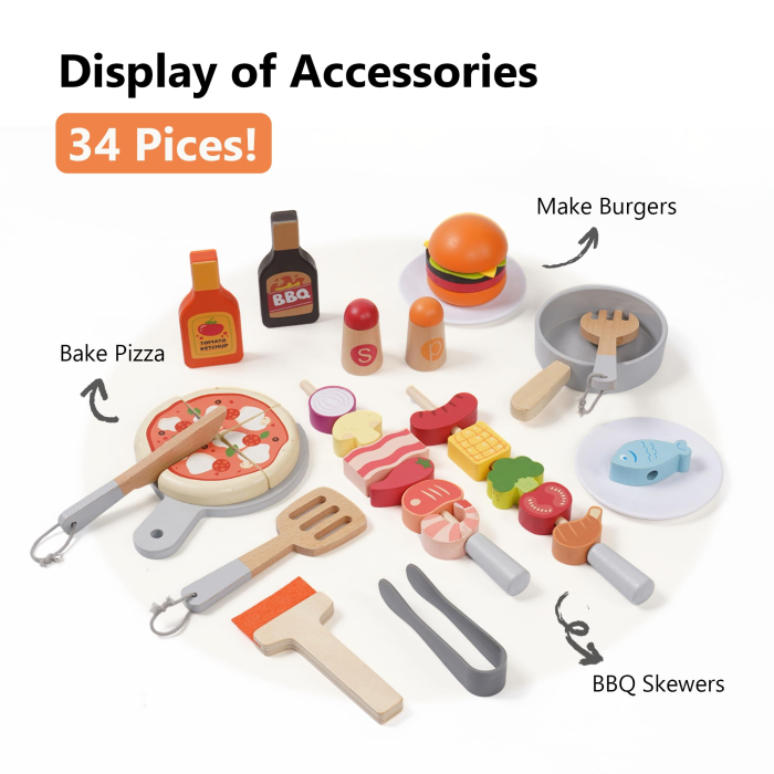 Set de joaca gratar din lemn pentru copii – jucarie BBQ realista cu accesorii si alimente – de la 3 ani – perfect pentru jocuri de rol si micii bucatari [5]