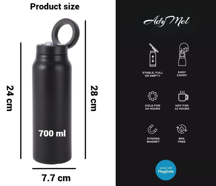 Sticla Termos cu Magnet AdyMel® suport pentru telefon, izolatie termoizolanta dubla, sala de fitness, deplasari, concedii, serviciu, soferi, Negru [2]
