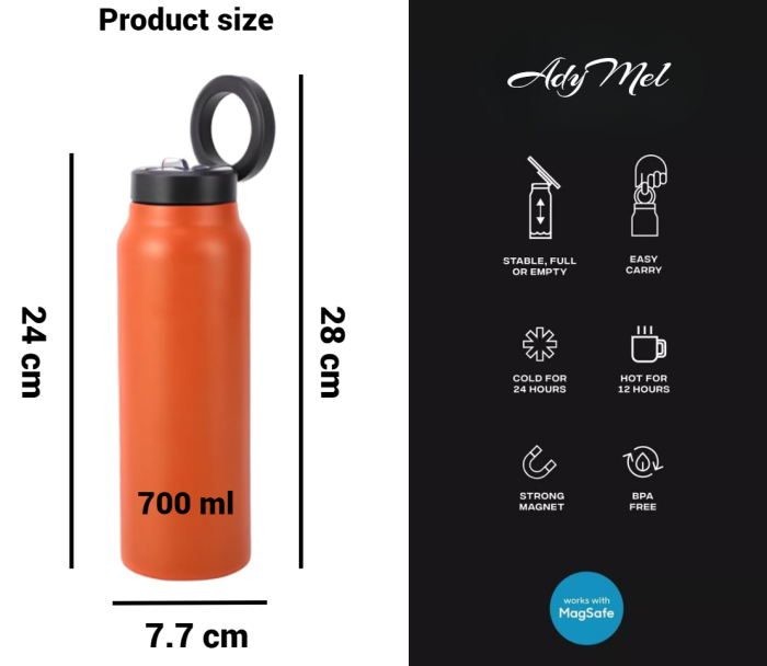 Sticla Termos cu Magnet AdyMel® suport pentru telefon, izolatie termoizolanta dubla, sala de fitness, deplasari, concedii, serviciu, soferi, Portocaliu [5]