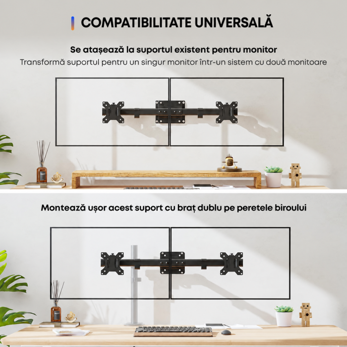 AM305 - Suport 2 Monitoare 13–27 Inch pentru perete 10 kg/Brat, VESA 75/100, Reglabil, Rotire 180°, Inclinare, Adaptor Dual pentru brat monitor, Transforma Suportul Single in Dual, Negru [5]