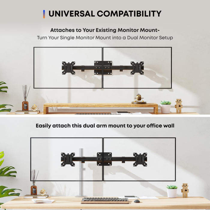 Suport 2 Monitoare 13–27 Inch pentru perete 10 kg/Brat, VESA 75/100, Reglabil, Rotire 180°, Inclinare, Adaptor Dual pentru brat monitor, Transforma Suportul Single in Dual, Negru [5]