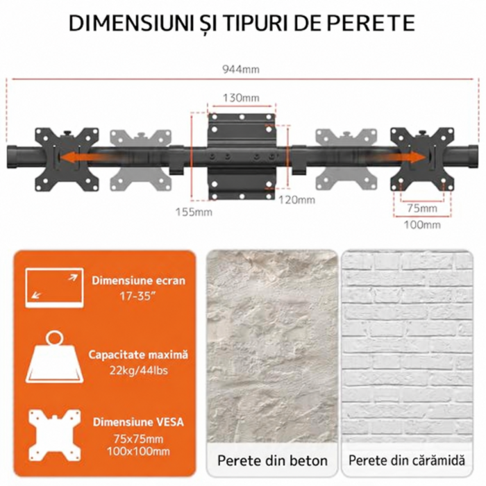 Suport 2 Monitoare 17–35 Inch pentru perete 10 kg/Brat, VESA 75/100, Reglabil, Rotire 180°, Inclinare, Adaptor Dual pentru brat monitor, Transforma Suportul Single in Dual, Negru [4]